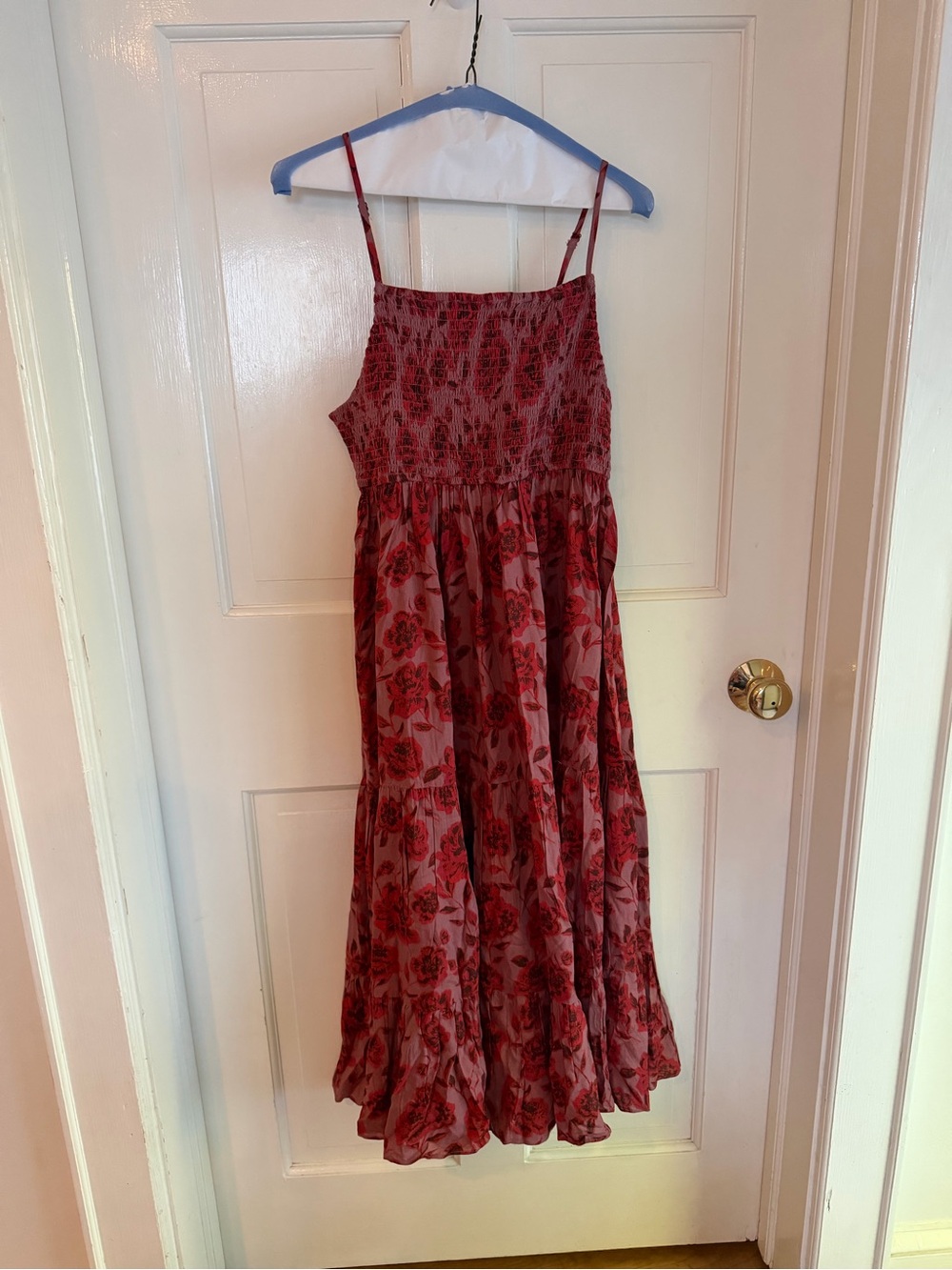 Jen’s Pirate Booty Floral Rose Midi Dress XS Red Smocked Boho